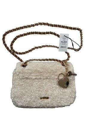 Aldo Tinybearr Faux Shearling Beige Crossbody Bag Gold Chain Strap Heart Charm